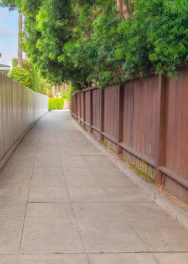 La Jolla, California 'daki çitlerin arasında dikey beton kaldırım. Tahta çitin solunda beyaz tahta bir çit var. Sağında ağaçlar var..