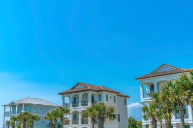 Destin, Florida... Mavi gökyüzüne karşı sahildeki evlerin önü. Balkonlarının önünde palmiye ağaçları olan üç sahil evi..