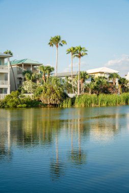 Destin, Florida 'daki evlerin yakınında çimen ve palmiye ağaçları olan yansıtıcı göl suyu manzarası. Gökyüzüne karşı büyük binaların önünde bir göl var..