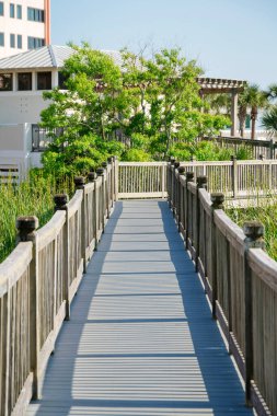 Destin, Florida- tahta korkuluklu tahta kaldırım göl kenarındaki uzun çim bitkilerinin üzerinde. Ağaçların manzarası bir patikadan binaları kısmen kaplıyor.