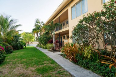 Bahçedeki patikada çimenler, bitkiler ve ağaçlar boyalı bir şeftali binasının önünde. Miami, Florida. Arka sol çitli bahçe manzarası ve teraslı bina ve sağ jaluzili pencereler..