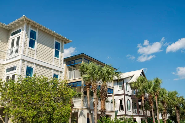 Plants Palm Trees Front Houses Balconies Blue Sky Destin Florida — Stock Photo, Image