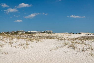 Destin, Florida 'daki yerleşim alanının yakınındaki çimenli beyaz kum tepeleri. Önünde beyaz kumdan bir tarla var ve arka planda mavi gökyüzüne karşı evler var..