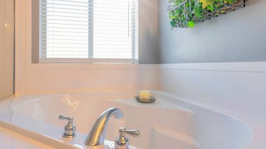 Panorama Sun, metal bir saksıda asılı bitkilerle köşedeki küveti alevlendirir. Güverteye monte edilmiş musluğu olan küvet pencereye dayalı ve sağdaki cam duvarın yanında güneşlikler var..