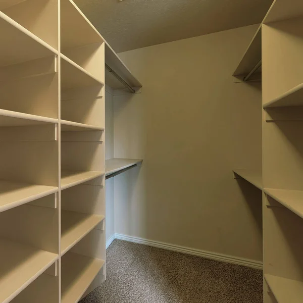 Square Empty walk-in closet with framed shelves and metal rods. Interior of a dark walk-in closet with carpeted flooring and shelving units.