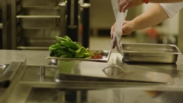 Professionele Bereiding Presentatie Van Voedsel Een Bord Koken Hoge Kwaliteit — Stockvideo