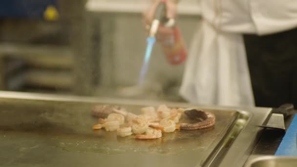 Professional Chef Prepares Shrimp Restaurant Kitchen Professional Preparation Shrimps High — Stock Video