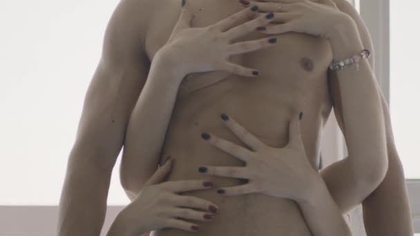 Dört Kadın Eli Tarafından Okşanan Güçlü Bir Erkek Vücudu Erotik — Stok video