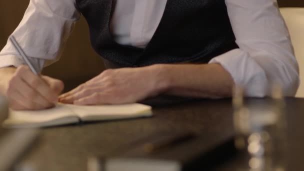 Close Male Hands Notebook Unidentified Young Writer Writer Makes Notes — Stock Video