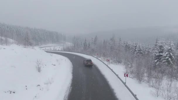 Karlı Buzlu Bir Yolda Kar Fırtınasının Kuş Bakışı Gözüyle Giden — Stok video