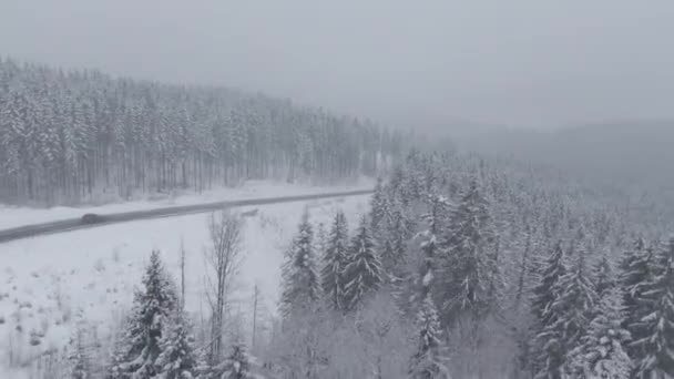 Widok Góry Drona Samochodu Jadącego Śnieżnej Lodowatej Drodze Śnieżnym Widoku — Wideo stockowe