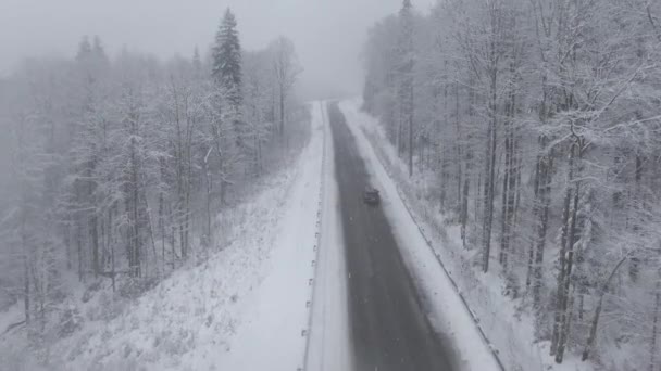 Pohled Shora Dronu Auta Jedoucího Zasněžené Ledové Cestě Sněhové Bouři — Stock video