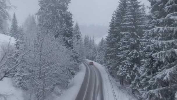 在暴风雪中 在冰雪覆盖的道路上驾驶汽车的无人驾驶飞机俯瞰着汽车的全景 — 图库视频影像