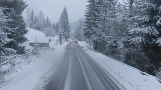 吹雪の鳥の目の車のビューで雪氷の道を運転車のドローンからのトップビュー — ストック動画
