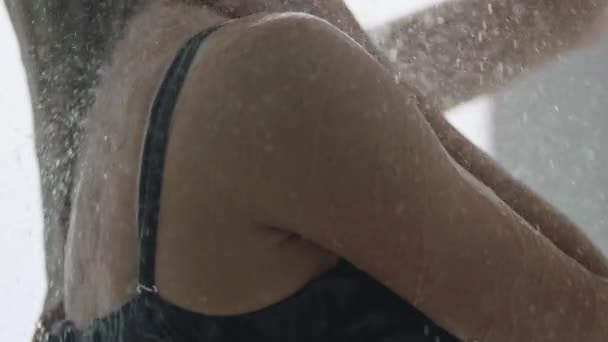 Young Girl Woman Takes Shower Shower Bathing Suit Girl Face — Stock Video