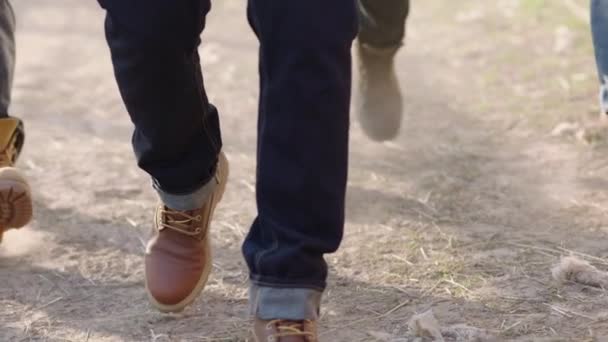 Piernas Varios Hombres Jeans Botas Marrones Caminando Por Camino Tierra — Vídeos de Stock