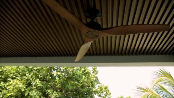 木顶电动吊扇的吊扇旋转缓慢 吊顶木制吊顶背景空气流通式冷却扇通风扇 — 图库视频影像