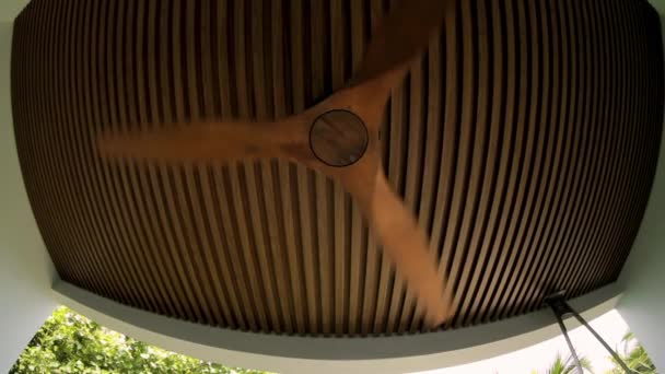 Plafondventilator Houten Dak Elektrische Plafondventilator Draait Langzaam Lucht Circulatie Luchtcirculatie — Stockvideo