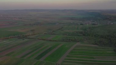 Bir tarımsal alanın ve yeşil tarlaların hava görüntüleri. Tarım endüstrisi. Ukrayna 'nın tarım bölgesi, Avrupa Sineması hava çekimi. Toprağın güzelliği. 4K 'da çekilmiş, İHA videosu..