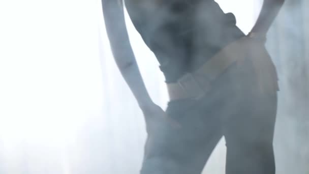 Graceful Female Dances Backlight Smoke Close Central Part Body Beautiful — Stock Video