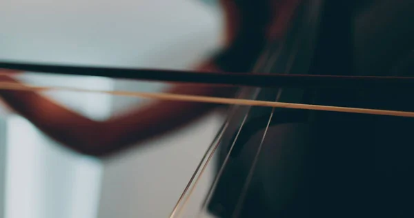 Singel Kvinna Spelar Cello Närbild Och Medium Närbild Cello Båge — Stockfoto