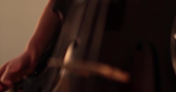 Одинокая Женщина Играет Виолончели Крупным Планом Средним Планом Виолончель Струны — стоковое видео