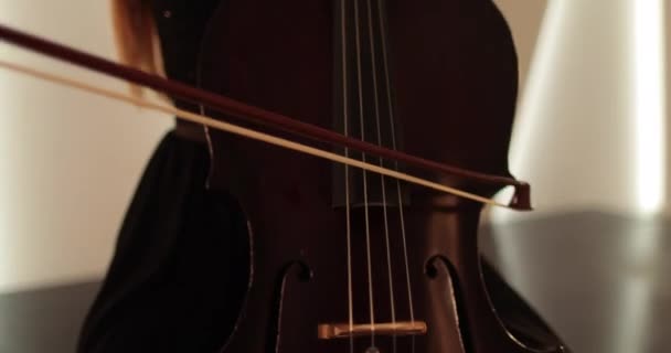 Singel Kvinna Spelar Cello Närbild Och Medium Närbild Cello Båge — Stockvideo