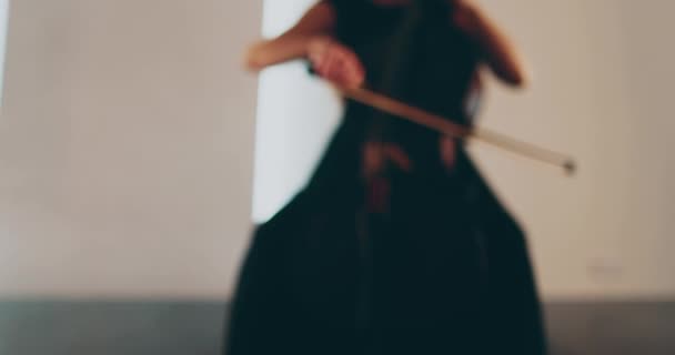 Ελεύθερη Γυναίκα Παίζει Τσέλο Κοντινό Και Μεσαίο Κοντινό Πλάνο Φιόγκο — Αρχείο Βίντεο