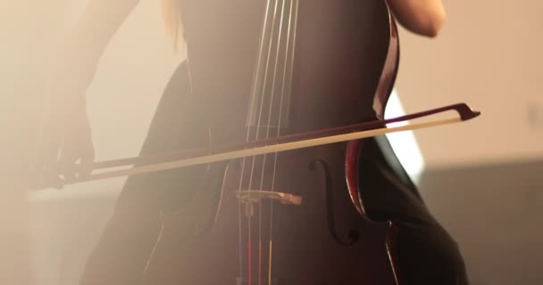 Wanita Lajang Bermain Cello Close Dan Menengah Close Cello Busur — Stok Video