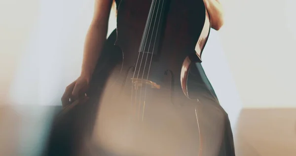 独唱大提琴的单身女性 特写和中等特写 大提琴弓弦 镜头从聚焦到失焦的平稳过渡 美丽的电影和艺术镜头 — 图库照片