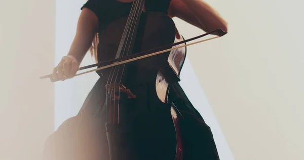 Svobodná Žena Hrající Violoncello Detailní Záběr Střední Detail Cello Luk — Stock fotografie