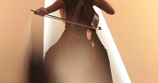 独唱大提琴的单身女性 特写和中等特写 大提琴弓弦 镜头从聚焦到失焦的平稳过渡 美丽的电影和艺术镜头 — 图库照片