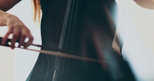 Singel Kvinna Spelar Cello Närbild Och Medium Närbild Cello Båge — Stockvideo