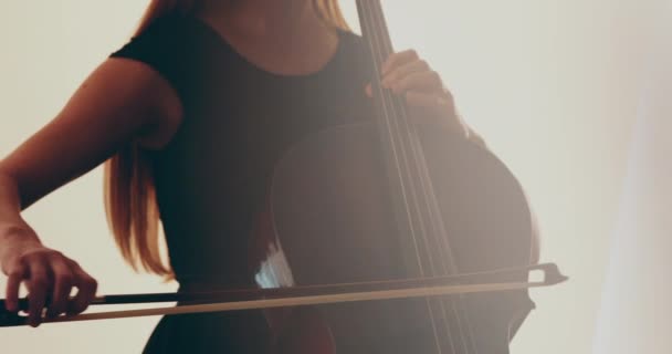 Alleinstehende Cello Spielerin Nahaufnahme Und Mittlere Nahaufnahme Cello Bogen Und — Stockvideo