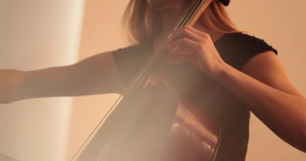 独唱大提琴的单身女性 特写和中等特写 大提琴弓弦 镜头从聚焦到失焦的平稳过渡 美丽的电影和艺术镜头 — 图库视频影像