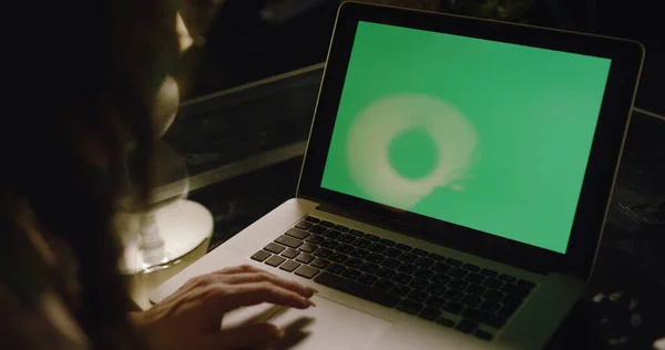 Akşam bir odada çalışan bir iş kadınının omzunun üstünden yeşil ekrana bakan bir bilgisayarın ışıkları kapalı bir şekilde. Yeşil laptop ekranlı dizüstü bilgisayar kullanılıyor.
