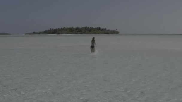 Glad Glad Glad Flicka Hoppar Vatten Sandstrand Exotiska Tropiska Maldiverna — Stockvideo