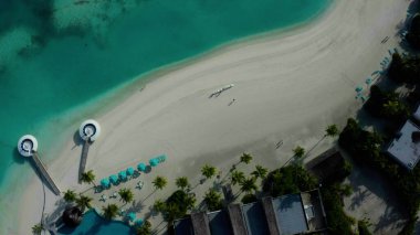 Beyaz kum ve mavi su, palmiye ağaçları ve deniz dalgaları ile pitoresk bir sahilde uçan bir dronun hava görüntüsü..
