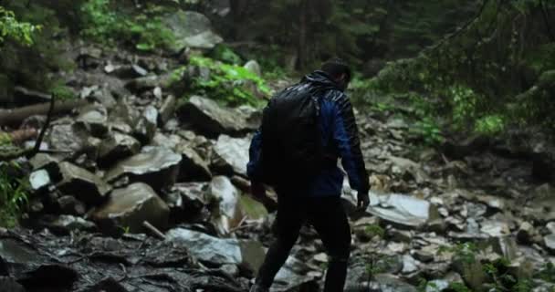バックパックを持って青いジャケットを着ている一人旅は 雨の日に森の中の岩場を歩いています 山への単独旅行の概念 — ストック動画