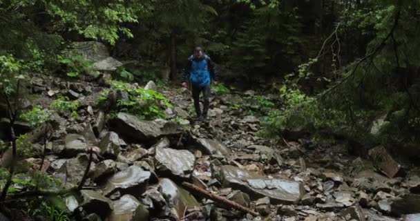 Osamělý Poutník Batohem Modré Bundě Kráčí Skalnatém Terénu Lese Deštivém — Stock video