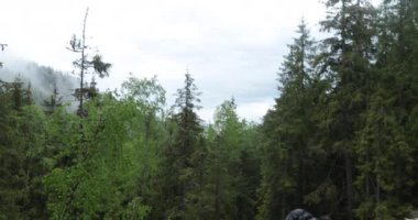 Bir adam, bulutlu havada dağlık bir ormanda yürüyüş yapan kayalık arazide yürüyen bir yürüyüşçüdür. Dağlarda tek bir yürüyüş.