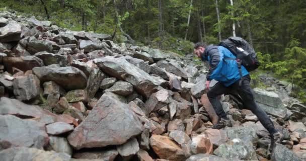 Homme Est Randonneur Dans Une Forêt Montagne Marchant Sur Terrain — Video