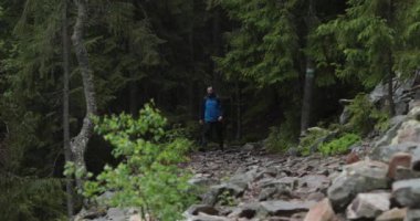 Formda bir genç adam kayalık bir arazide tek başına yürüyor, ormandan çıkıyor. Yalnız seyahat eden bir adam konsepti..