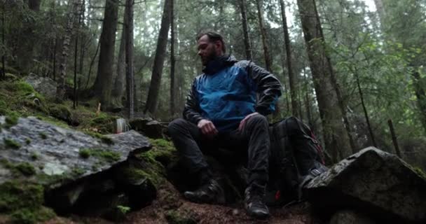 Podróżnik Przygotowuje Herbatę Palniku Gazowym Lesie Deszczową Pogodę Samotny Podróżnik — Wideo stockowe