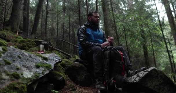 Genç Erkek Gezgin Yağmurlu Bir Havada Ormanda Tek Başına Dolaşırken — Stok video