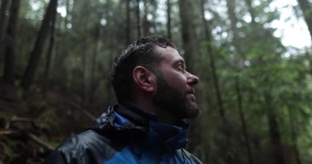 Genç Sakallı Bir Adamın Yakın Plan Portresi Orman Ağaçları Arasında — Stok video