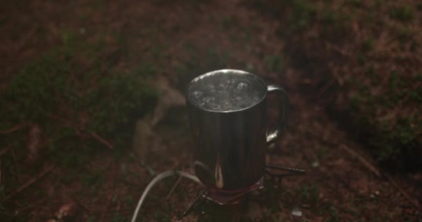 旅行中に自然の森のガスバーナーで加熱された金属鍋に茶葉を追加します 一人旅の旅でお茶を作る — ストック動画