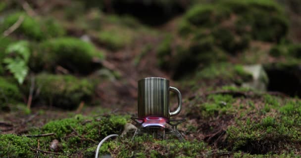 旅行者の休暇中 屋外の森のガスバーナーで金属製のマグカップが加熱されます 一人旅でお茶を作るというコンセプト — ストック動画