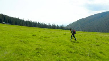 Sırtında sırt çantasıyla dağlarda bir adam güzel bir yaz gününde çimenli bir yamaç boyunca yürür. Dağ yürüyüşü kavramı. Dağlarda tek başına turist gezintisi.