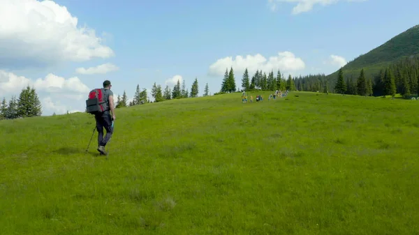 Hombre Las Montañas Con Una Mochila Espalda Camina Largo Una — Foto de Stock